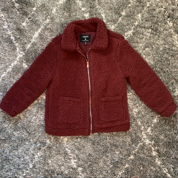 Ashley Teddy Bear Fur Bomber Jacket in Burgundy - Picture 6 of 12